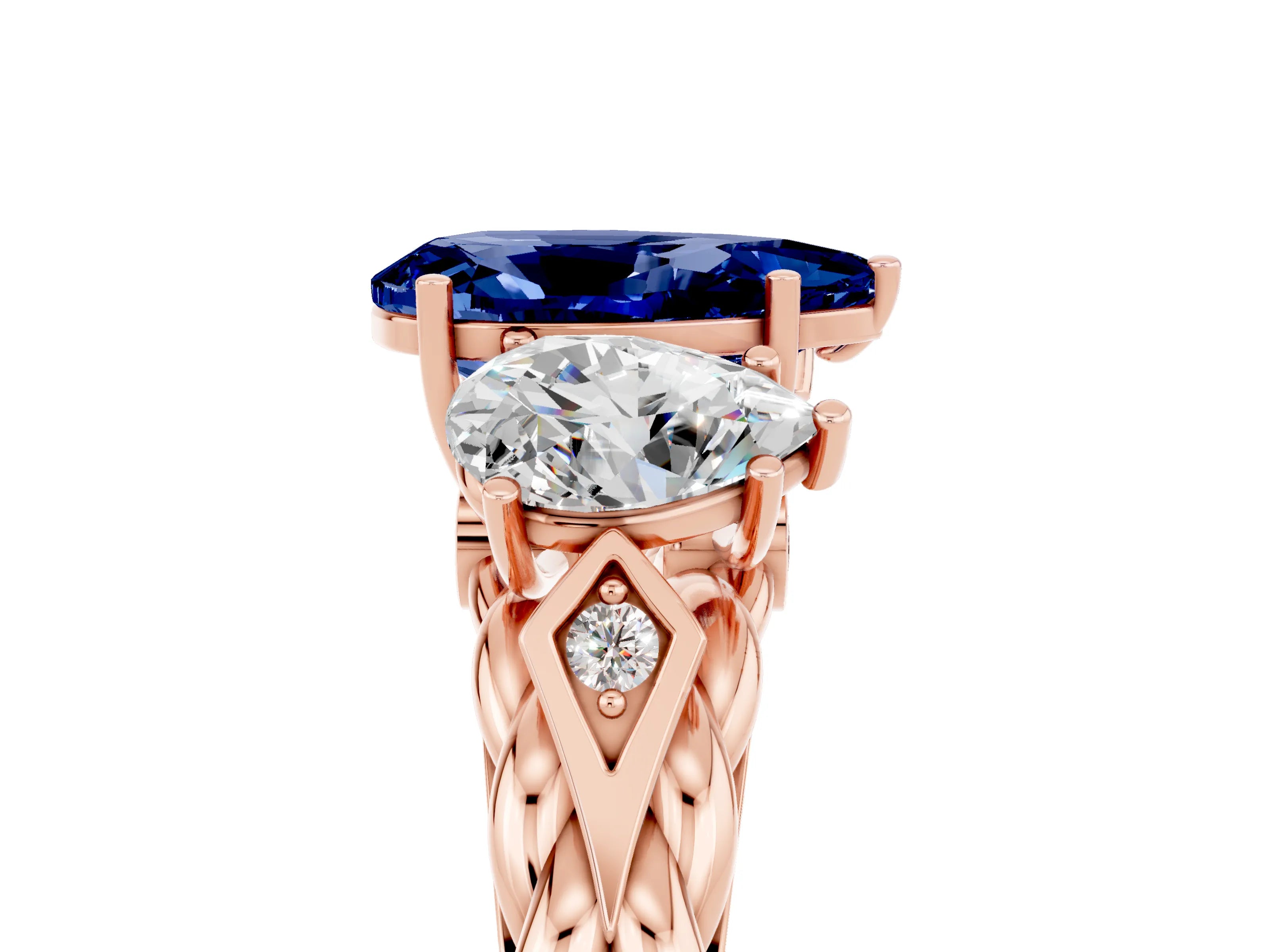 Rose gold Three-Stone Pear Cut Blue Sapphire Braided Band Ring with Four-Prong Setting_17