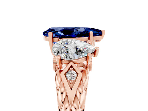 Rose gold Three-Stone Pear Cut Blue Sapphire Braided Band Ring with Four-Prong Setting_17