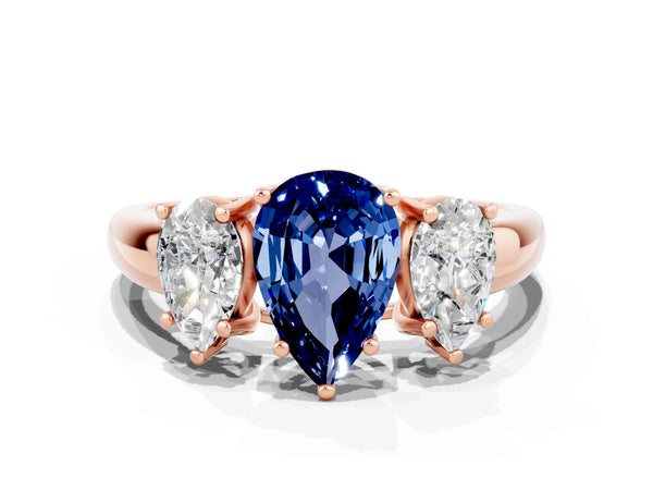 Rose gold Three-Stone Pear Cut Blue Sapphire Engagement Ring with Prong Setting