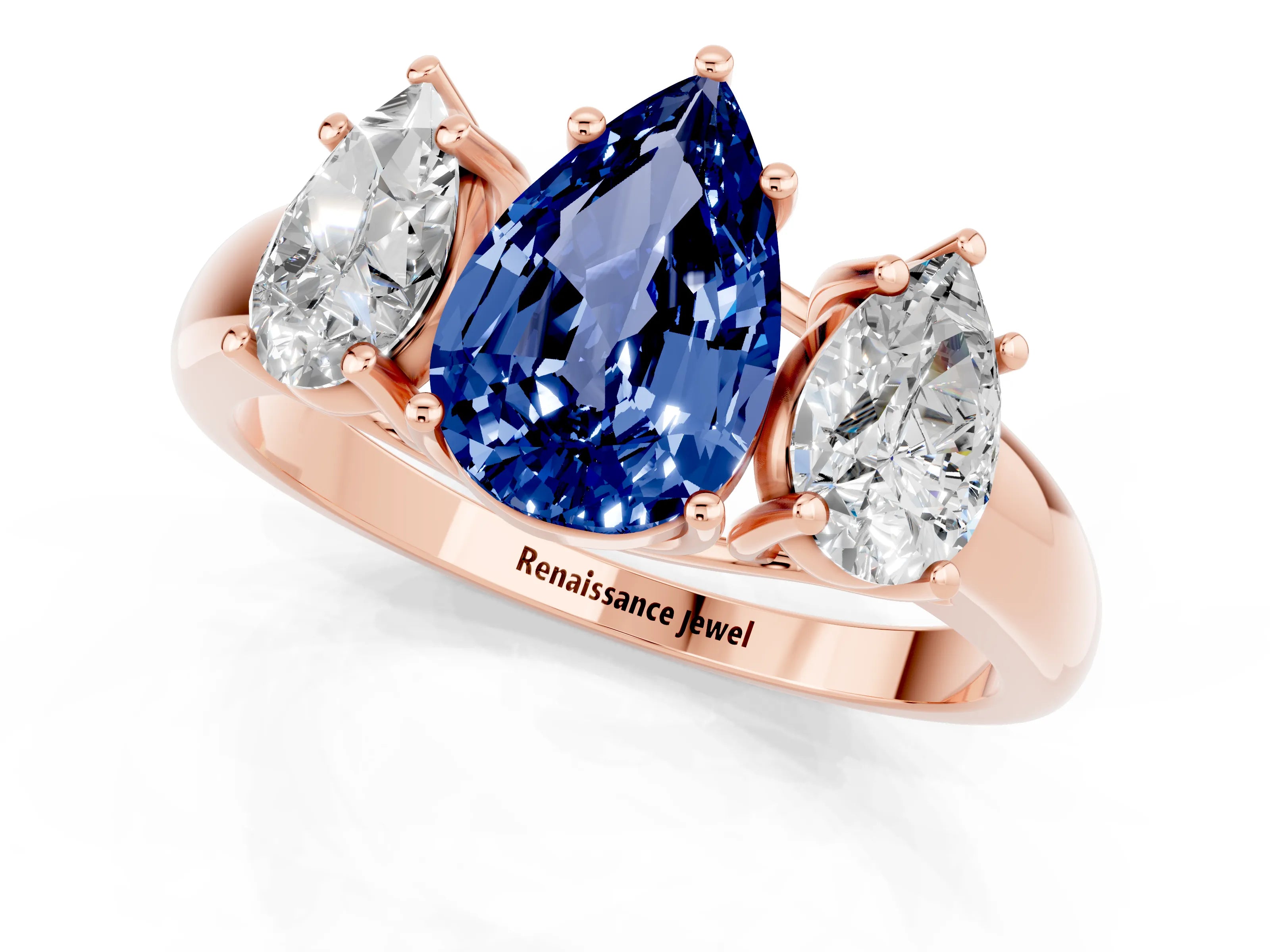 Rose gold Three-Stone Pear Cut Blue Sapphire Engagement Ring with Prong Setting_1
