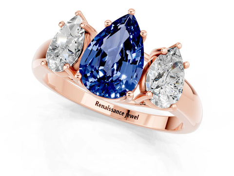 Rose gold Three-Stone Pear Cut Blue Sapphire Engagement Ring with Prong Setting_1