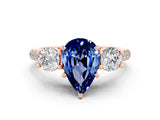 Rose gold Three-Stone Pear Cut Blue Sapphire Pavé Band with Four-Prong Setting