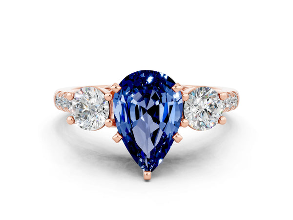 Rose gold Three-Stone Pear Cut Blue Sapphire Pavé Band with Four-Prong Setting
