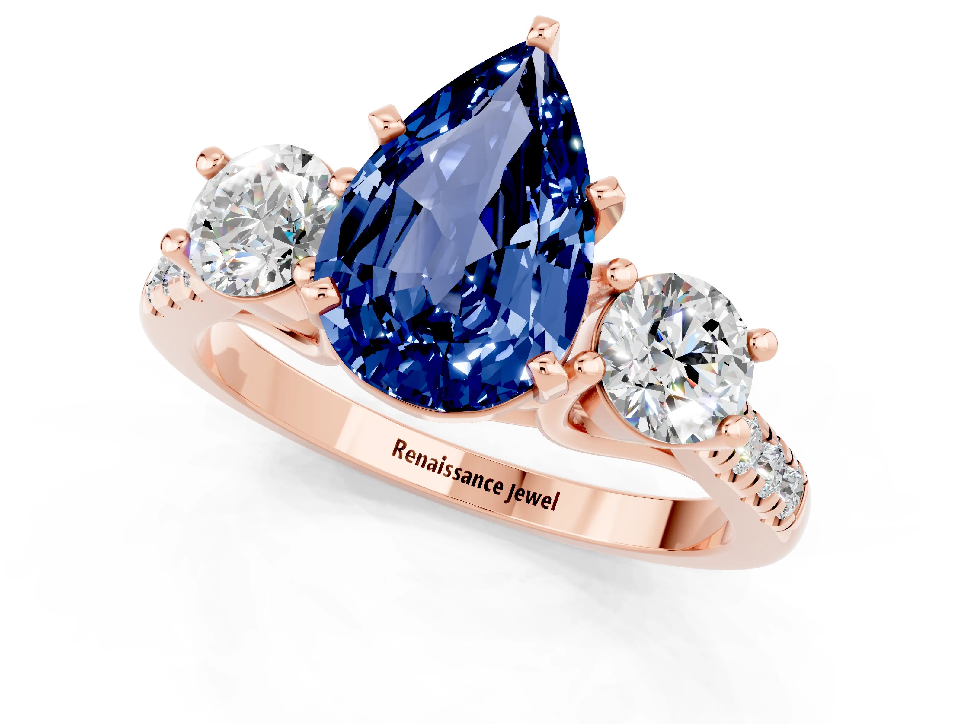 Rose gold Three-Stone Pear Cut Blue Sapphire Pavé Band with Four-Prong Setting_1