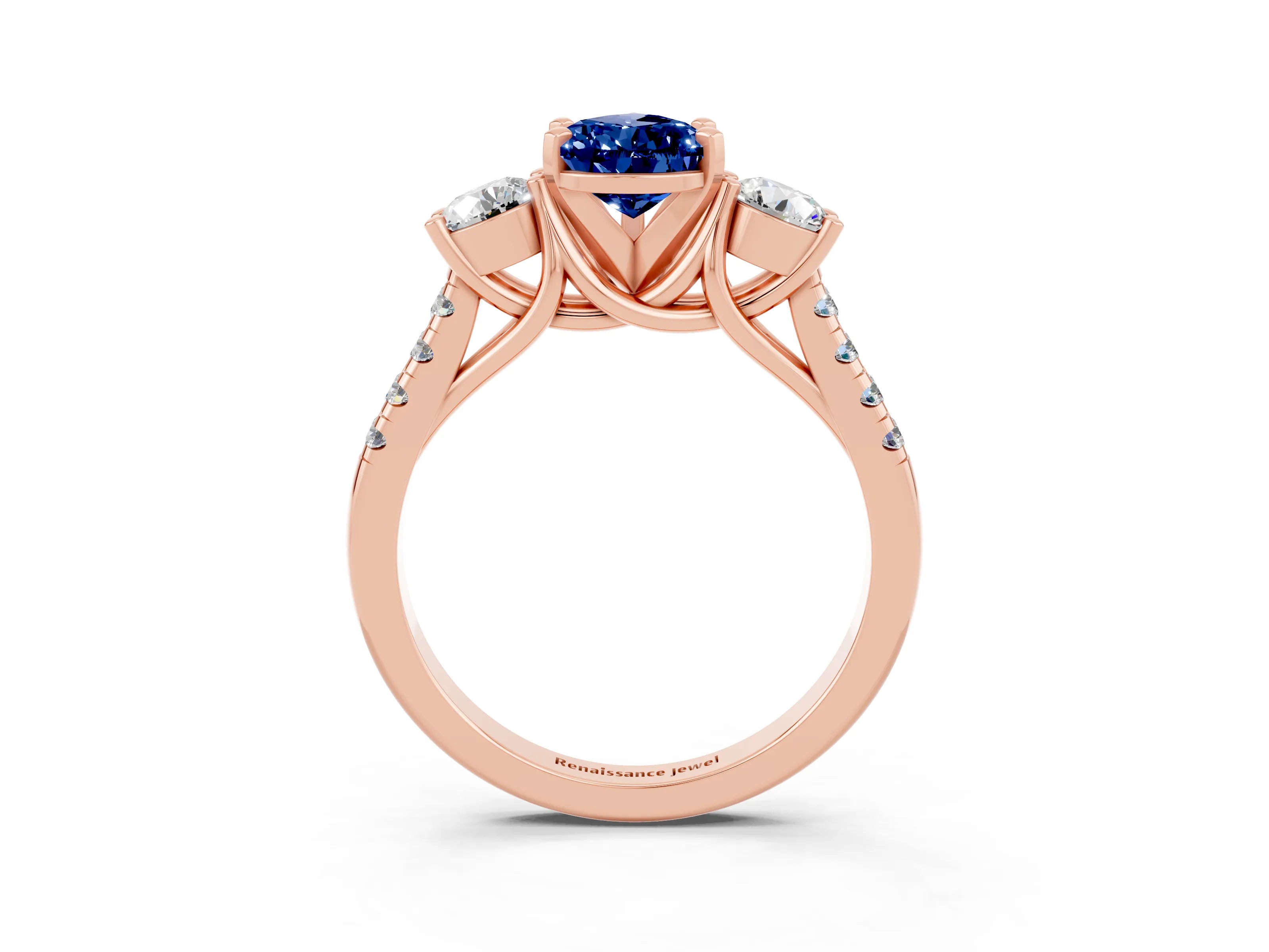 Rose gold Three-Stone Pear Cut Blue Sapphire Pavé Band with Four-Prong Setting_3