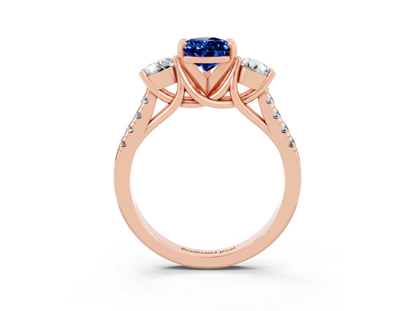 Rose gold Three-Stone Pear Cut Blue Sapphire Pavé Band with Four-Prong Setting