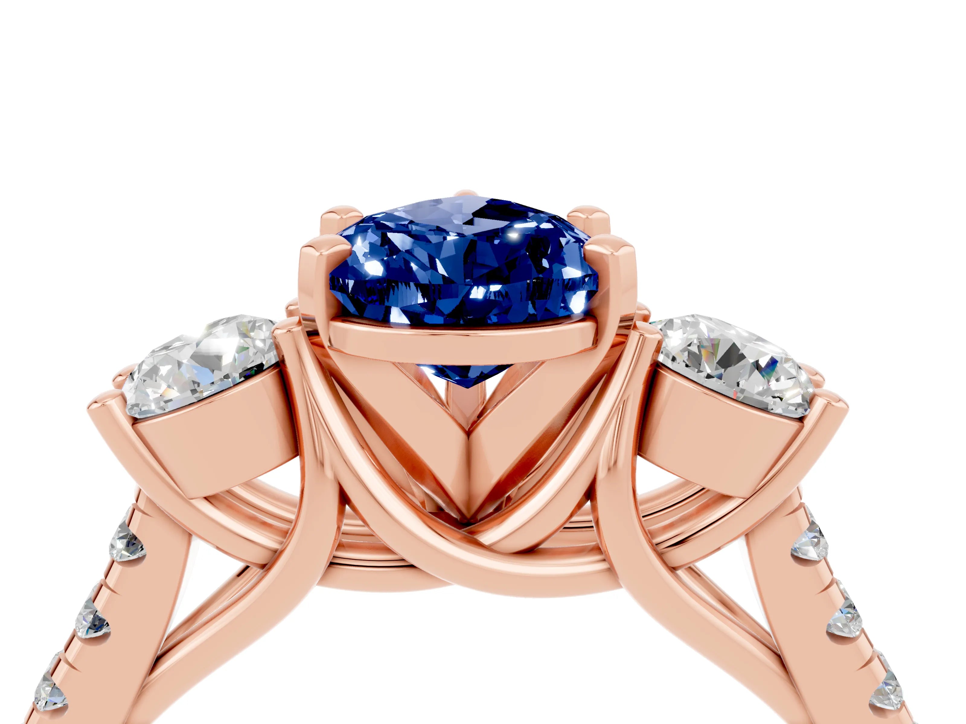 Rose gold Three-Stone Pear Cut Blue Sapphire Pavé Band with Four-Prong Setting_4