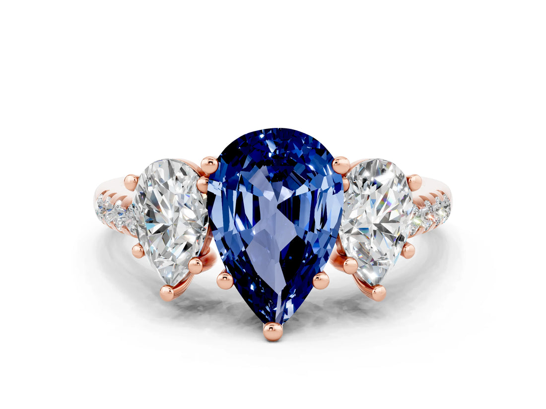 Rose gold Three-Stone Pear Cut Blue Sapphire Ring with Pavé Band and Prong Setting_12