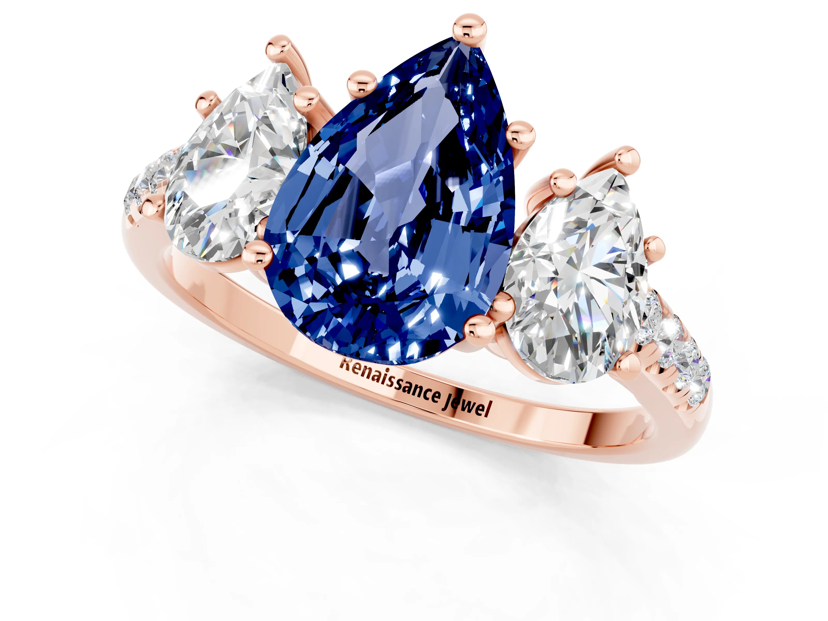 Rose gold Three-Stone Pear Cut Blue Sapphire Ring with Pavé Band and Prong Setting_13