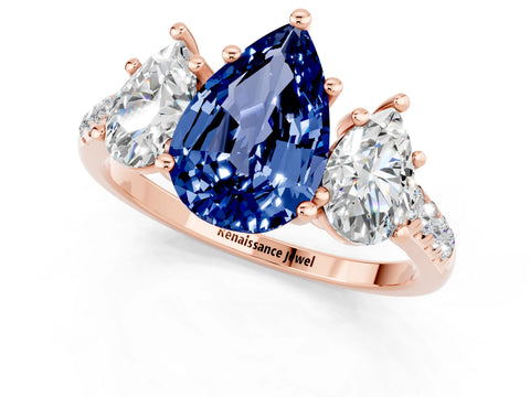 Rose gold Three-Stone Pear Cut Blue Sapphire Ring with Pavé Band and Prong Setting_13