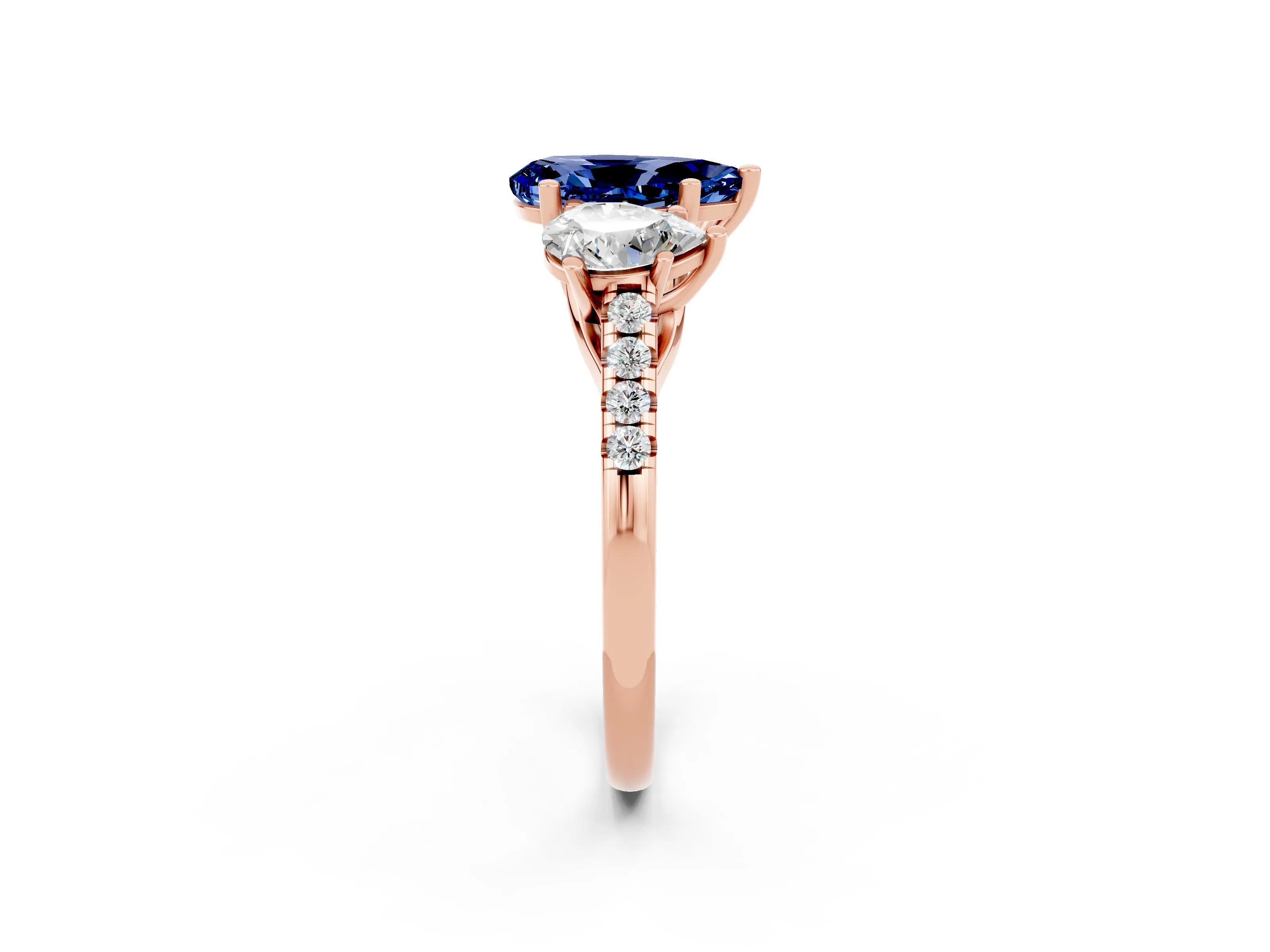 Rose gold Three-Stone Pear Cut Blue Sapphire Ring with Pavé Band and Prong Setting_14