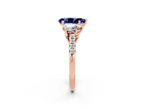 Rose gold Three-Stone Pear Cut Blue Sapphire Ring with Pavé Band and Prong Setting_14