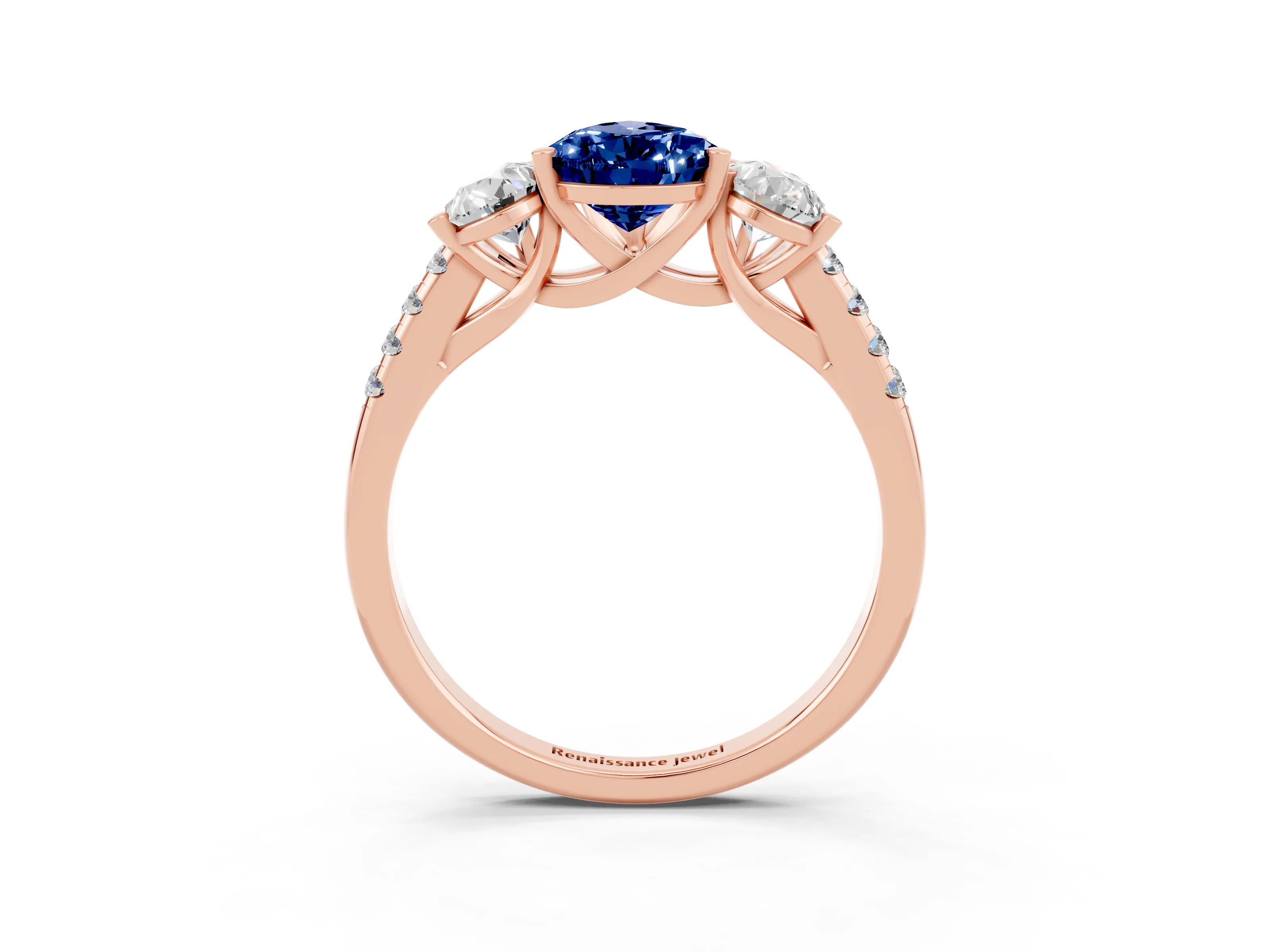 Rose gold Three-Stone Pear Cut Blue Sapphire Ring with Pavé Band and Prong Setting_15