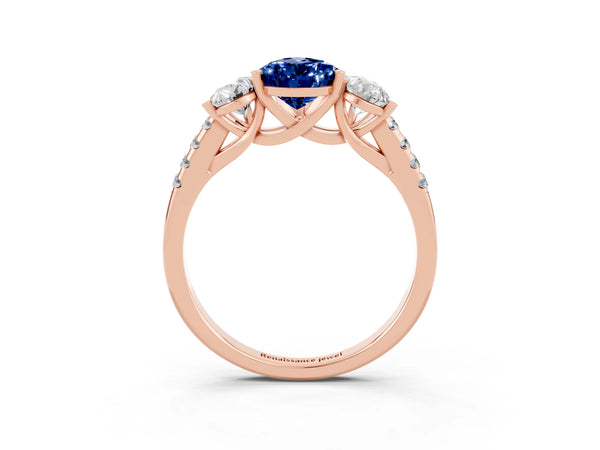 Rose gold Three-Stone Pear Cut Blue Sapphire Ring with Round  Pavé Band and Prong Setting