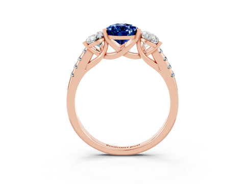 Rose gold Three-Stone Pear Cut Blue Sapphire Ring with Pavé Band and Prong Setting_15
