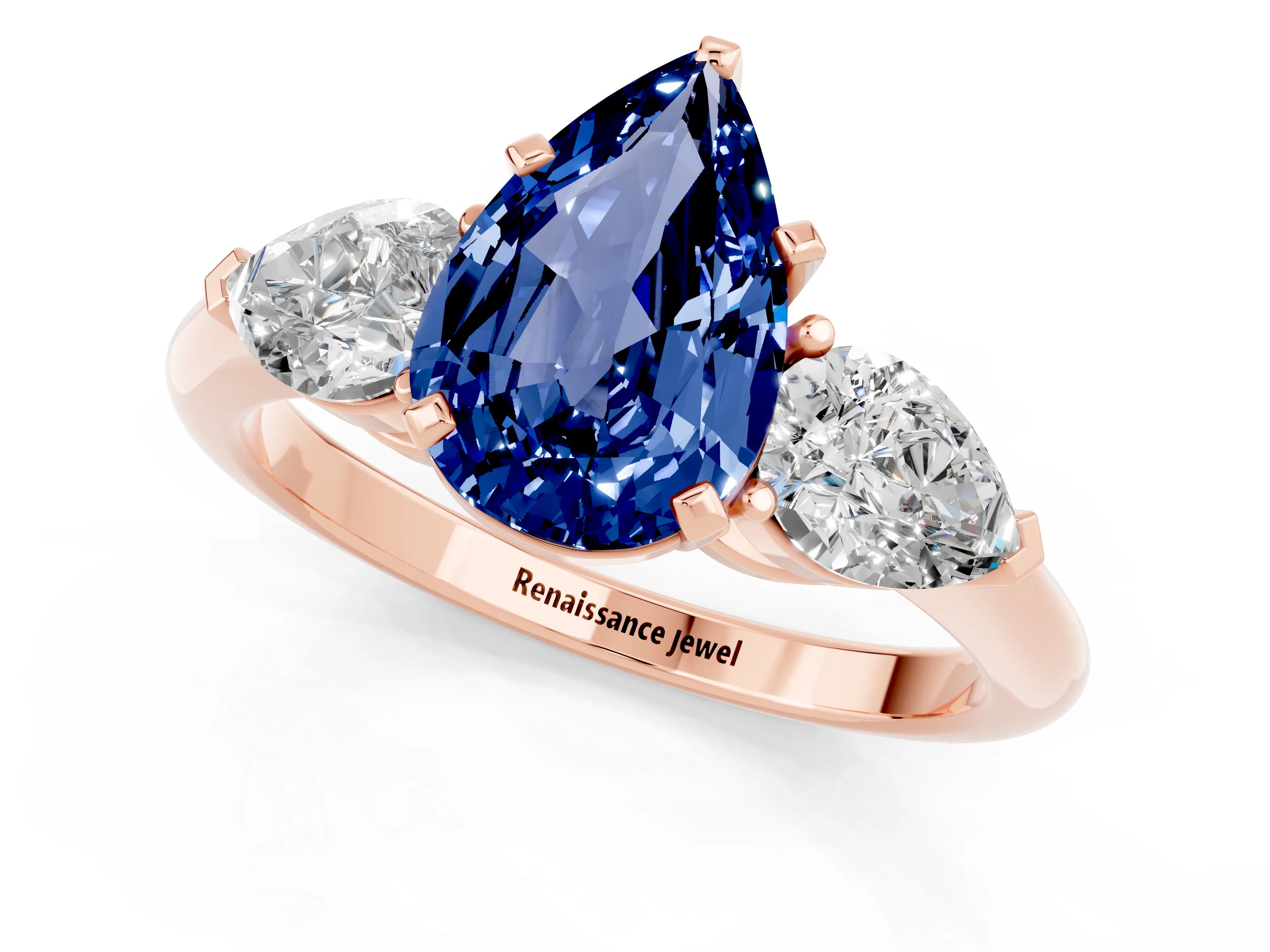 Rose gold Three-Stone Pear Cut Blue Sapphire Ring with Pear Side Stones and Four-Prong Setting_1