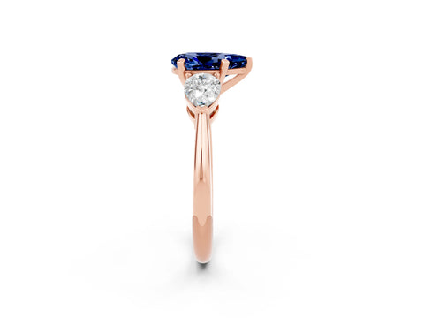 Rose gold Three-Stone Pear Cut Blue Sapphire Ring with Pear Side Stones and Four-Prong Setting_2