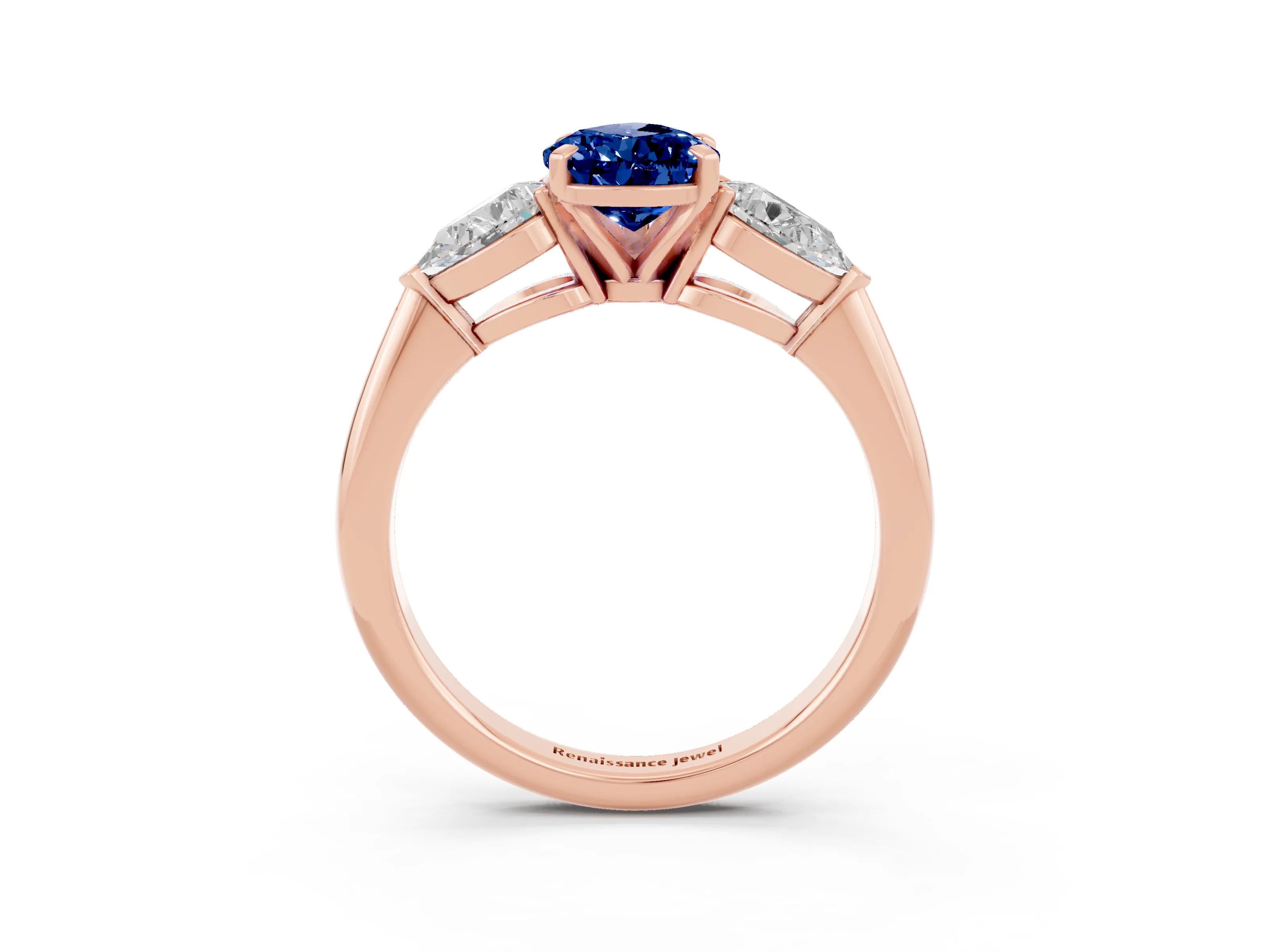 Rose gold Three-Stone Pear Cut Blue Sapphire Ring with Pear Side Stones and Four-Prong Setting_3