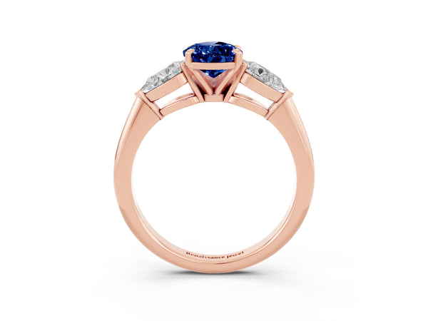 Rose gold Three-Stone Pear Cut Blue Sapphire Ring with Pear Side Stones and Four-Prong Setting