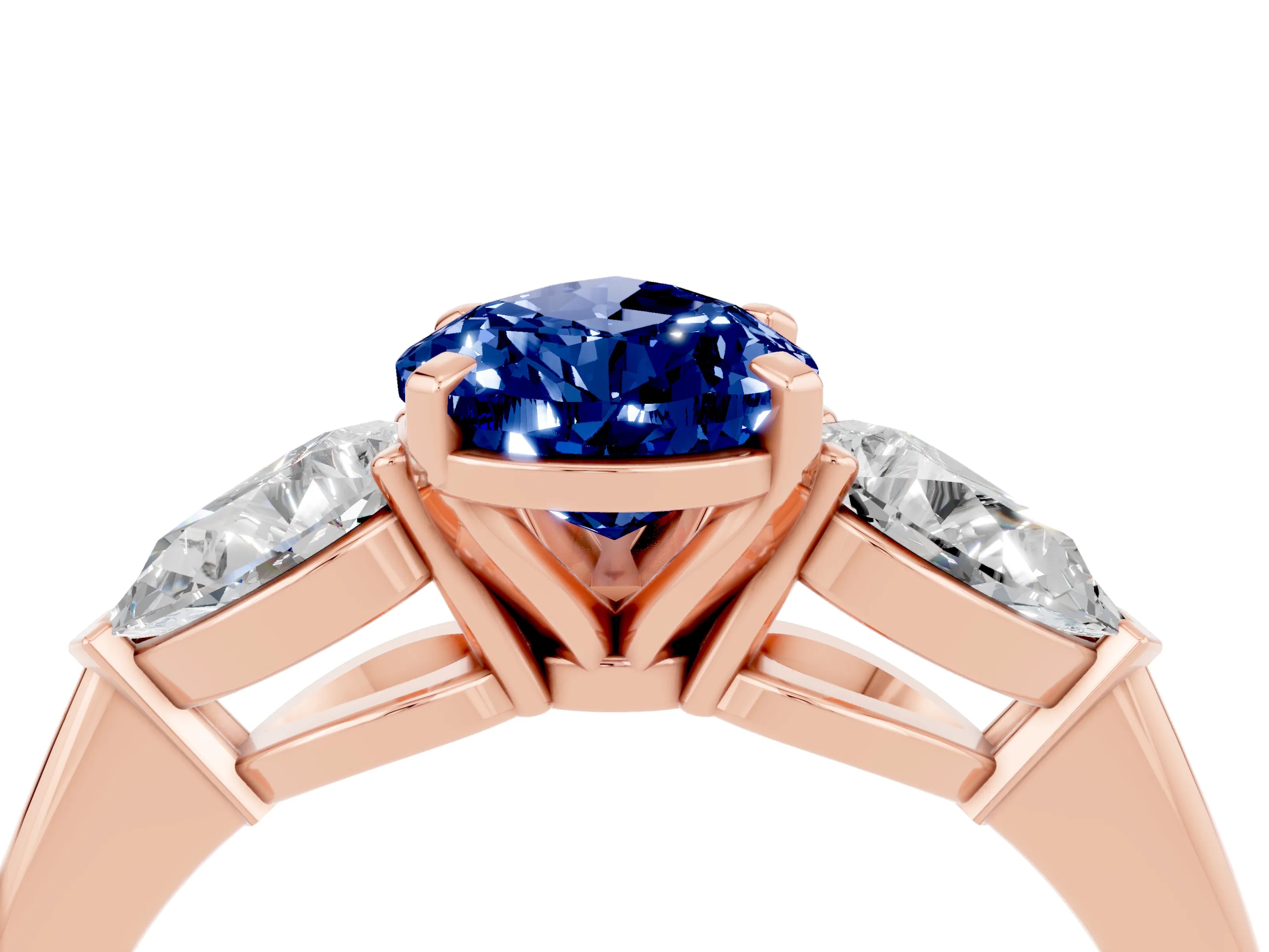 Rose gold Three-Stone Pear Cut Blue Sapphire Ring with Pear Side Stones and Four-Prong Setting_4