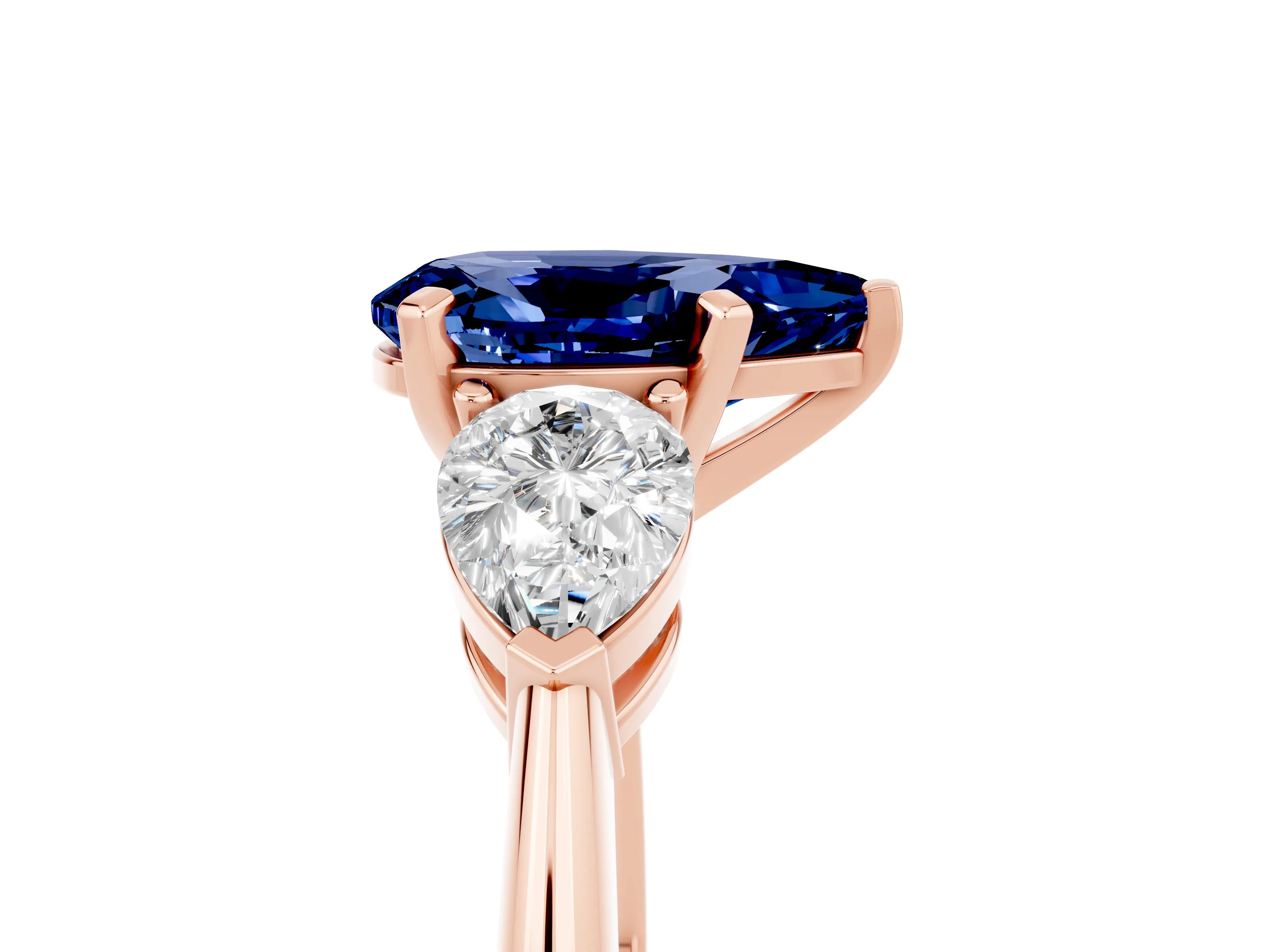 Rose gold Three-Stone Pear Cut Blue Sapphire Ring with Pear Side Stones and Four-Prong Setting_5