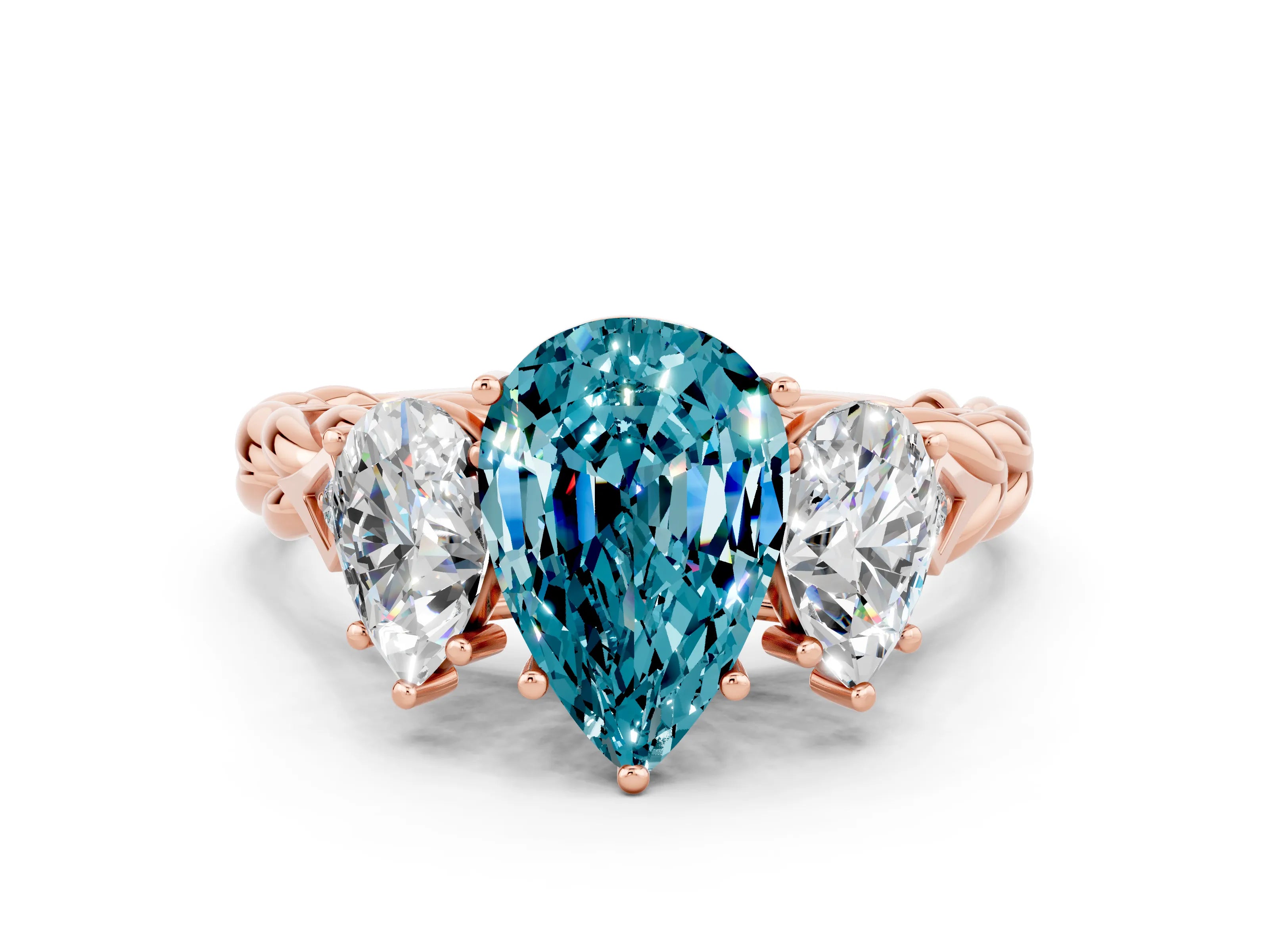 Rose gold Three-Stone Pear Cut Blue Topaz Braided Band Ring with Four-Prong Setting_12