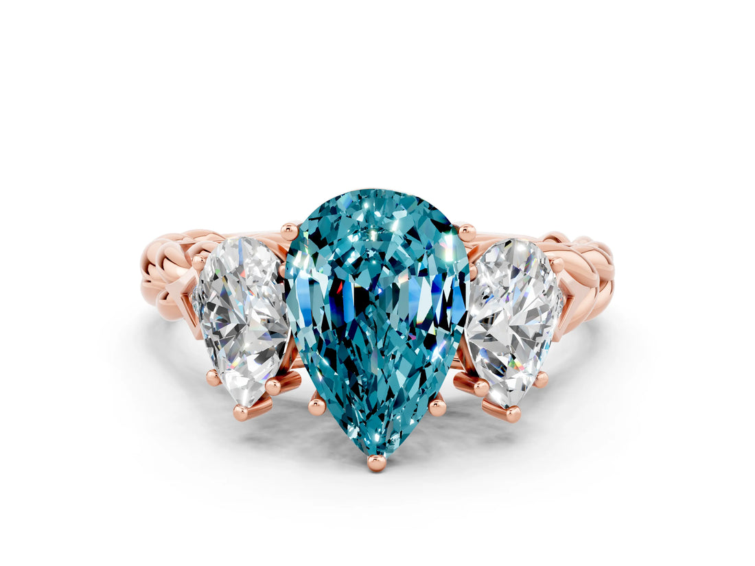 Rose gold Three-Stone Pear Cut Blue Topaz Braided Band Ring with Four-Prong Setting_12