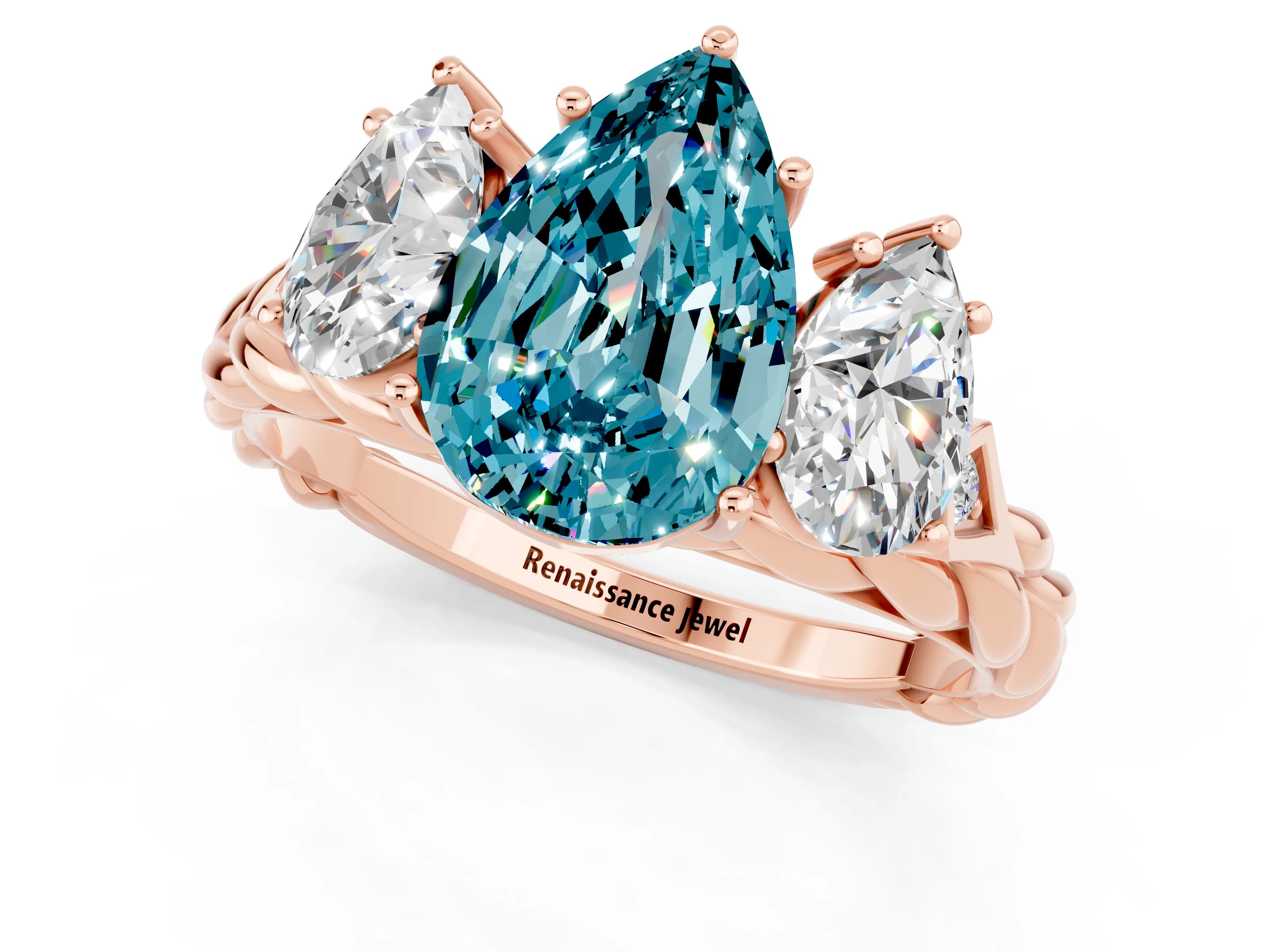 Rose gold Three-Stone Pear Cut Blue Topaz Braided Band Ring with Four-Prong Setting_13