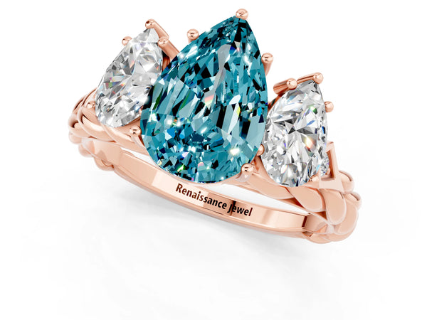 Rose gold Three-Stone Pear Cut Blue Topaz Braided Band Ring with Four-Prong Setting