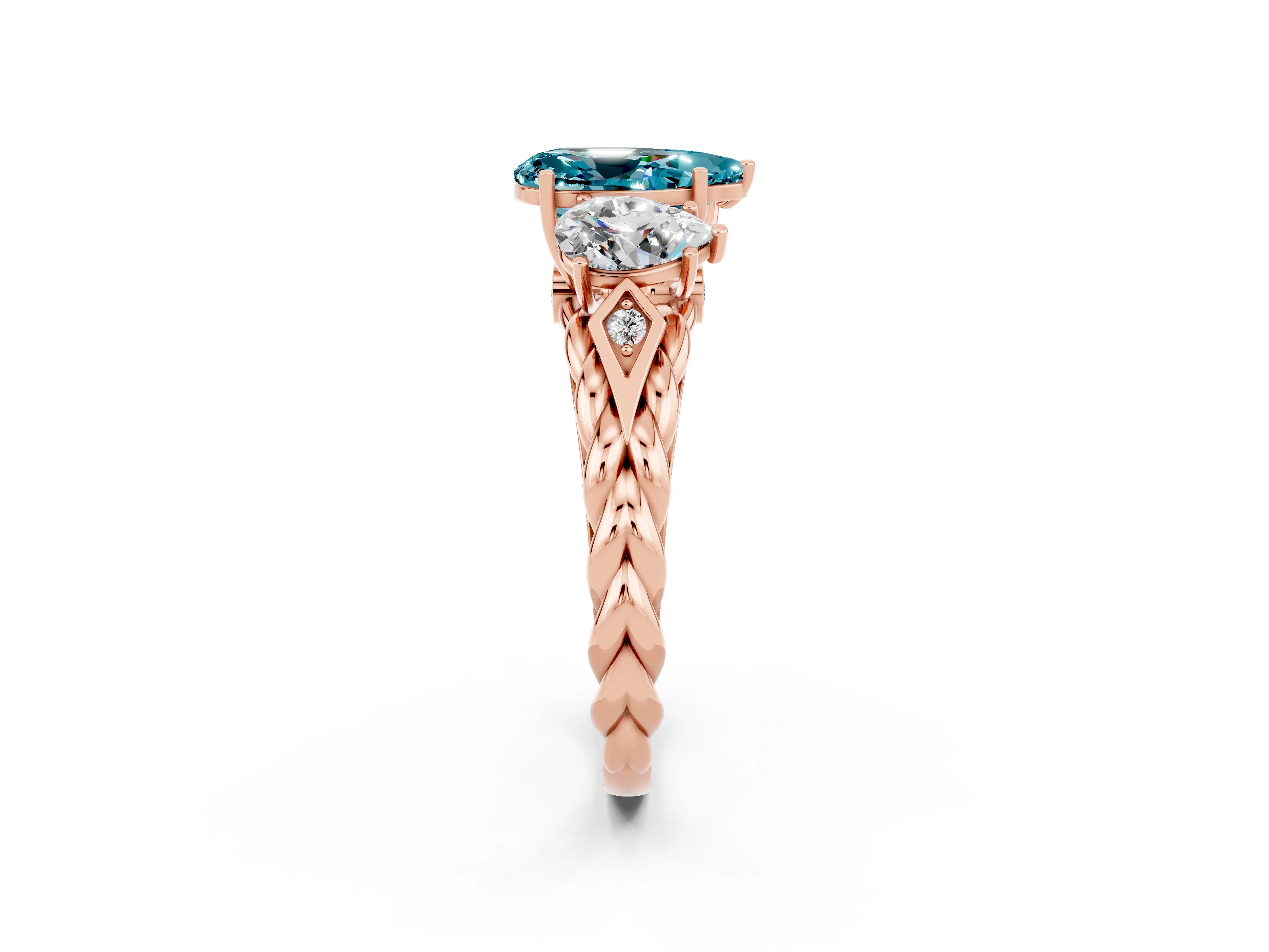 Rose gold Three-Stone Pear Cut Blue Topaz Braided Band Ring with Four-Prong Setting_14