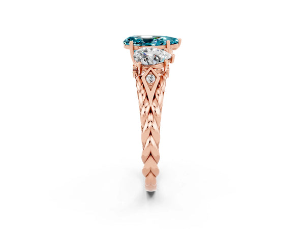 Rose gold Three-Stone Pear Cut Blue Topaz Braided Band Ring with Four-Prong Setting
