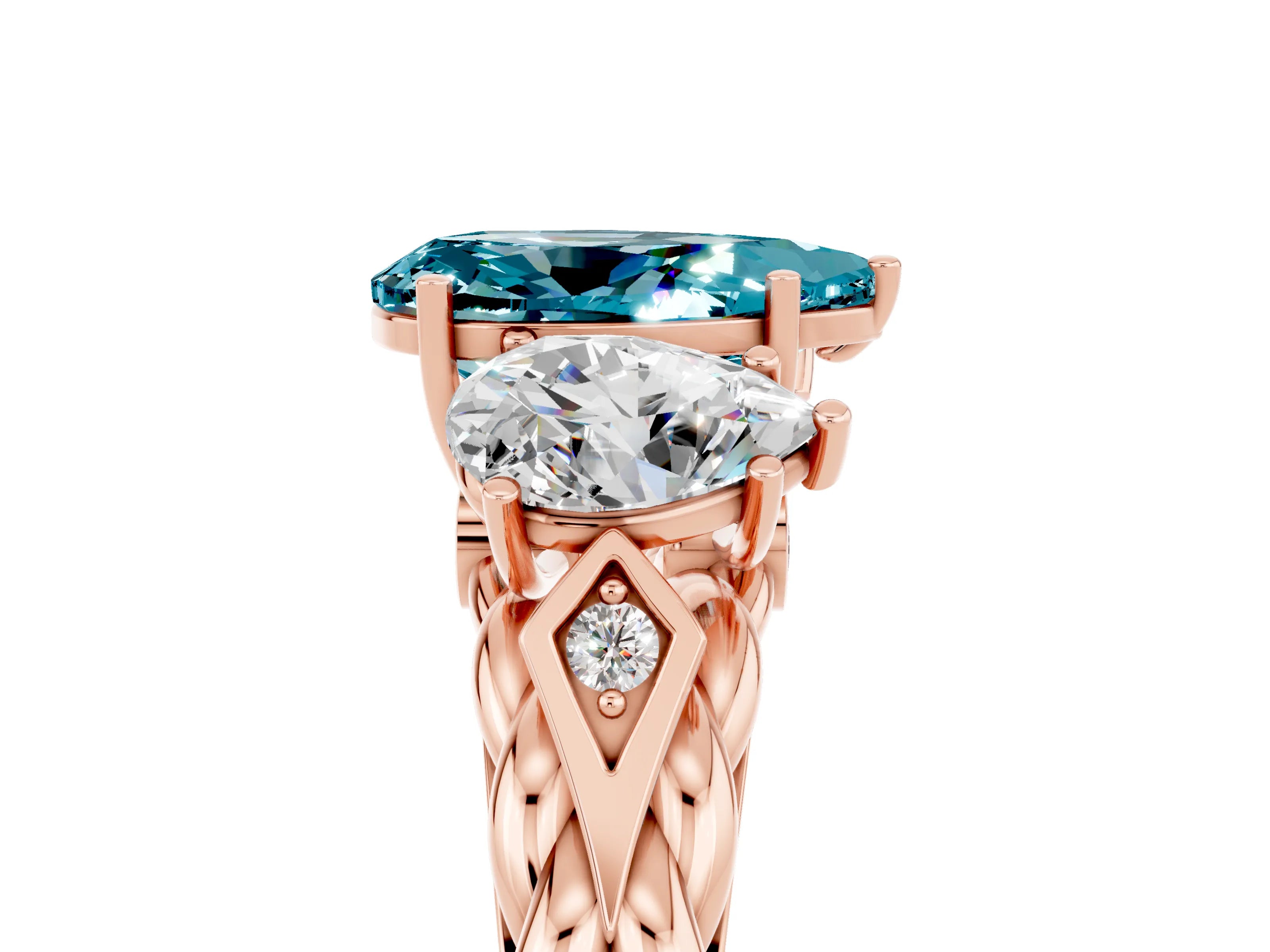 Rose gold Three-Stone Pear Cut Blue Topaz Braided Band Ring with Four-Prong Setting_17