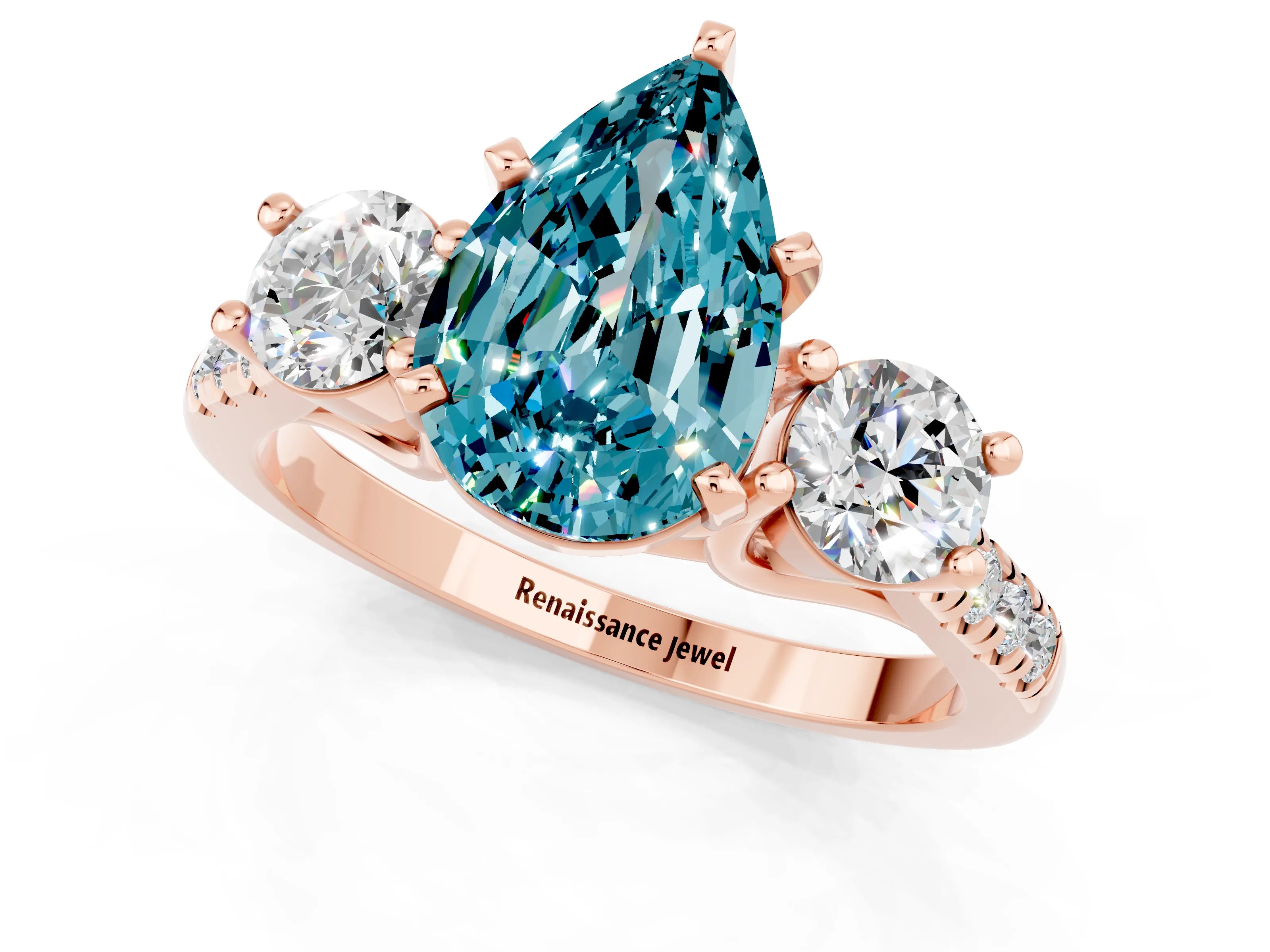 Rose gold Three-Stone Pear Cut Blue Topaz Pavé Band with Four-Prong Setting_1