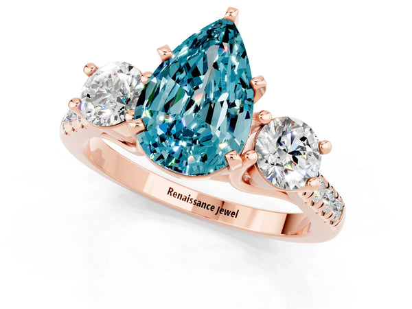Rose gold Three-Stone Pear Cut Blue Topaz Pavé Band with Four-Prong Setting