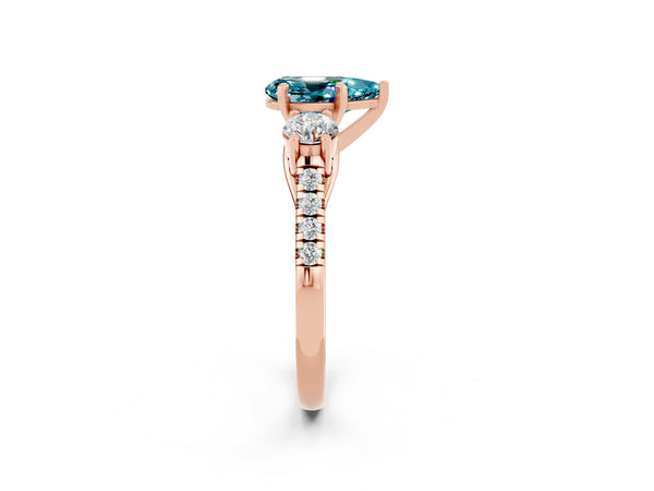 Rose gold Three-Stone Pear Cut Blue Topaz Pavé Band with Four-Prong Setting