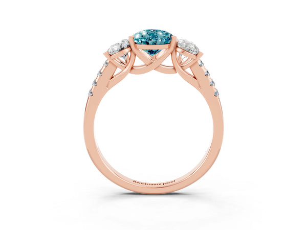 Rose gold Three-Stone Pear Cut Blue Topaz Ring with Round  Pavé Band and Prong Setting