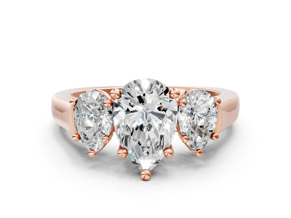 Rose gold Three-Stone Pear Cut Brilliant Diamond Trellis Ring with Comfort Fit Band