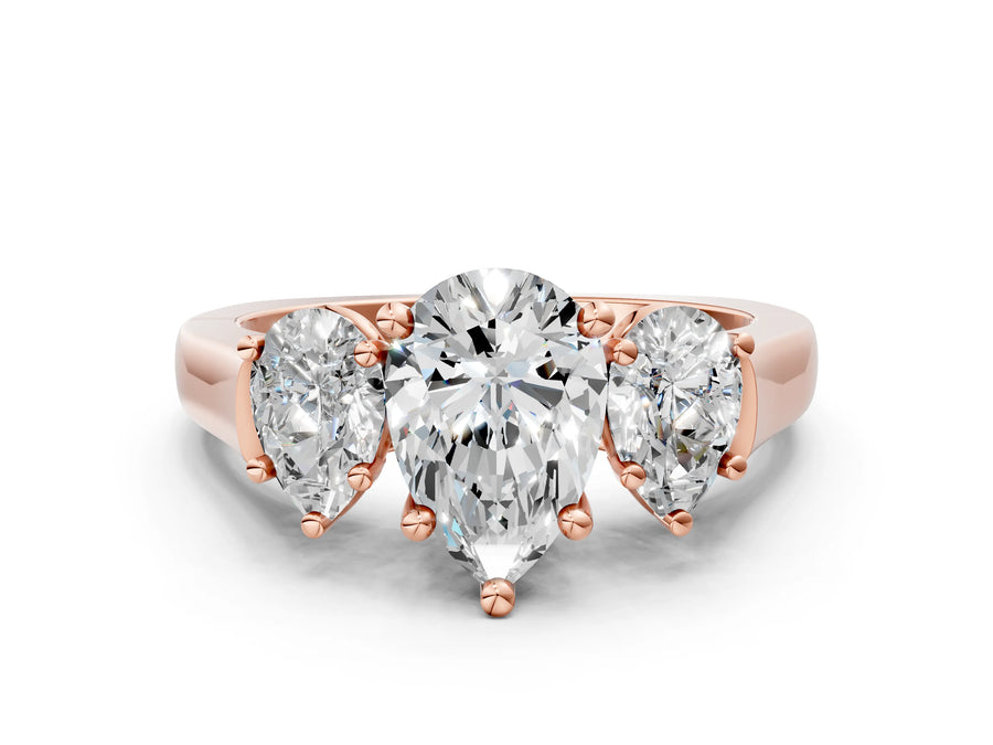 Rose gold Three-Stone Pear Cut Brilliant Diamond Trellis Ring with Comfort Fit Band