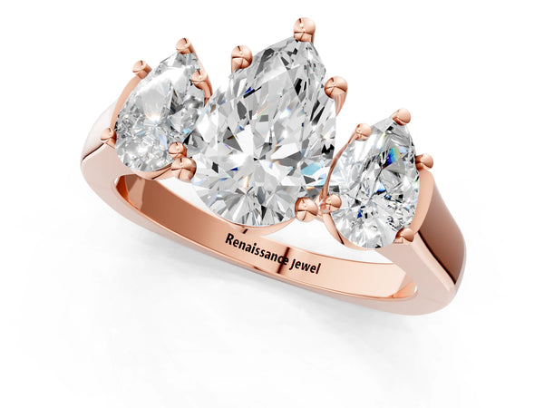 Rose gold Three-Stone Pear Cut Brilliant Diamond Trellis Ring with Comfort Fit Band