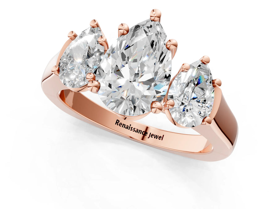 Rose gold Three-Stone Pear Cut Brilliant Diamond Trellis Ring with Comfort Fit Band