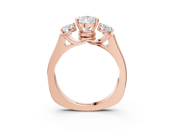 Rose gold Three-Stone Pear Cut Brilliant Diamond Trellis Ring with Comfort Fit Band