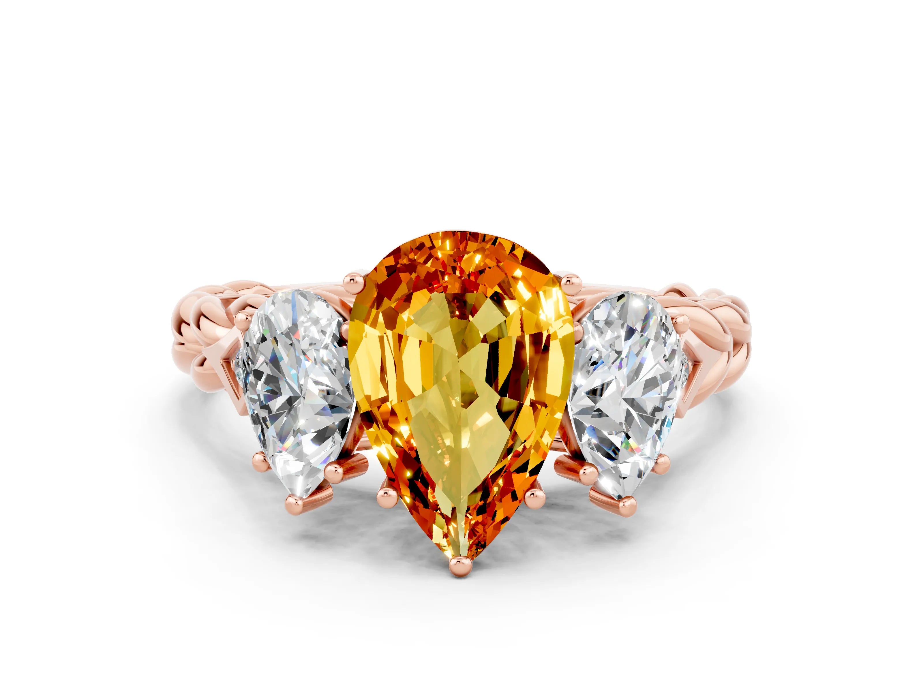 Rose gold Three-Stone Pear Cut Citrine Braided Band Ring with Four-Prong Setting_12