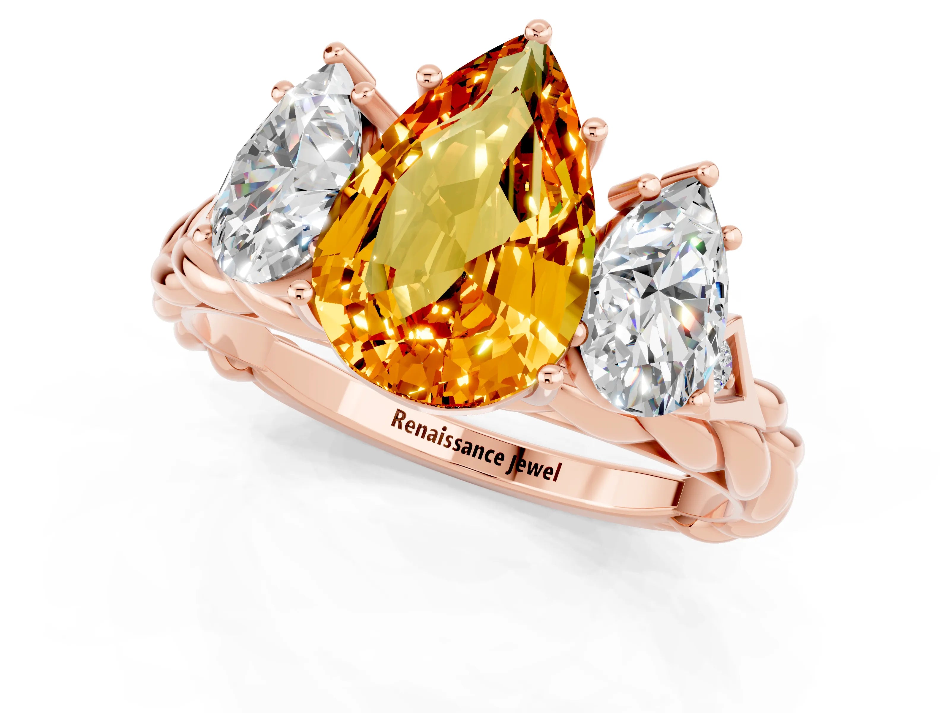 Rose gold Three-Stone Pear Cut Citrine Braided Band Ring with Four-Prong Setting_13