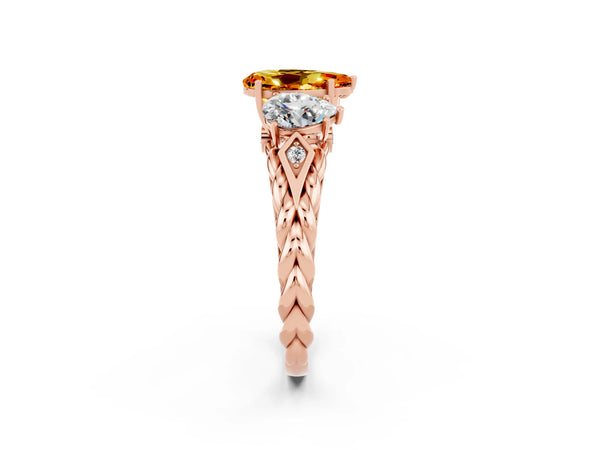 Rose gold Three-Stone Pear Cut Citrine Braided Band Ring with Four-Prong Setting