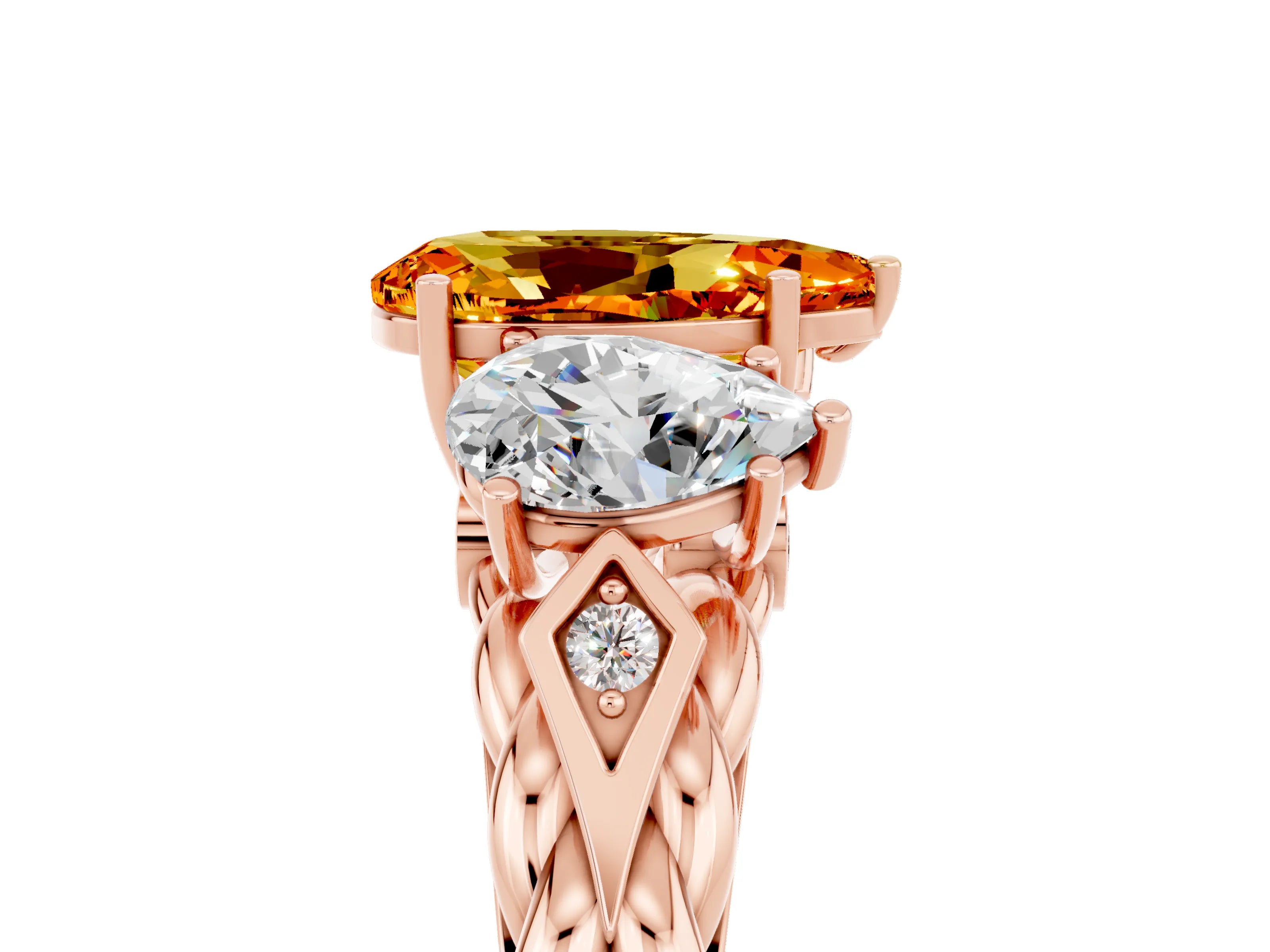 Rose gold Three-Stone Pear Cut Citrine Braided Band Ring with Four-Prong Setting_17