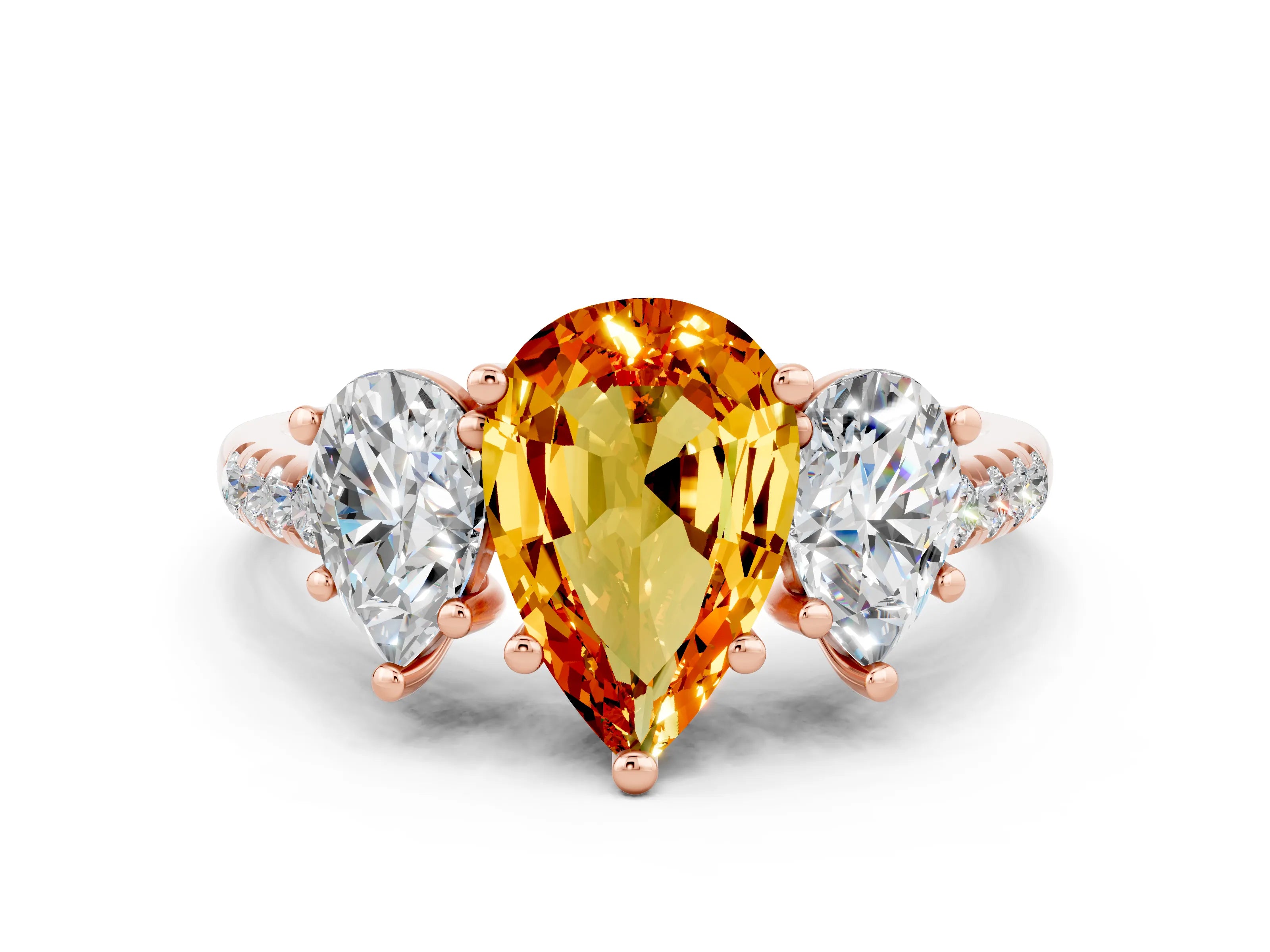 Rose gold Three-Stone Pear Cut Citrine Ring with Pavé Band and Prong Setting_12