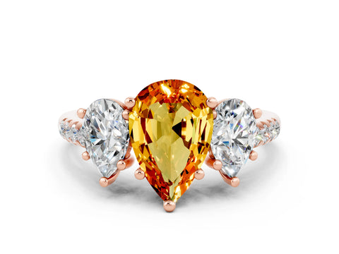 Rose gold Three-Stone Pear Cut Citrine Ring with Pavé Band and Prong Setting_12