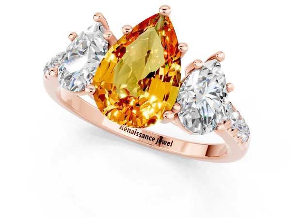 Rose gold Three-Stone Pear Cut Citrine Ring with Round  Pavé Band and Prong Setting