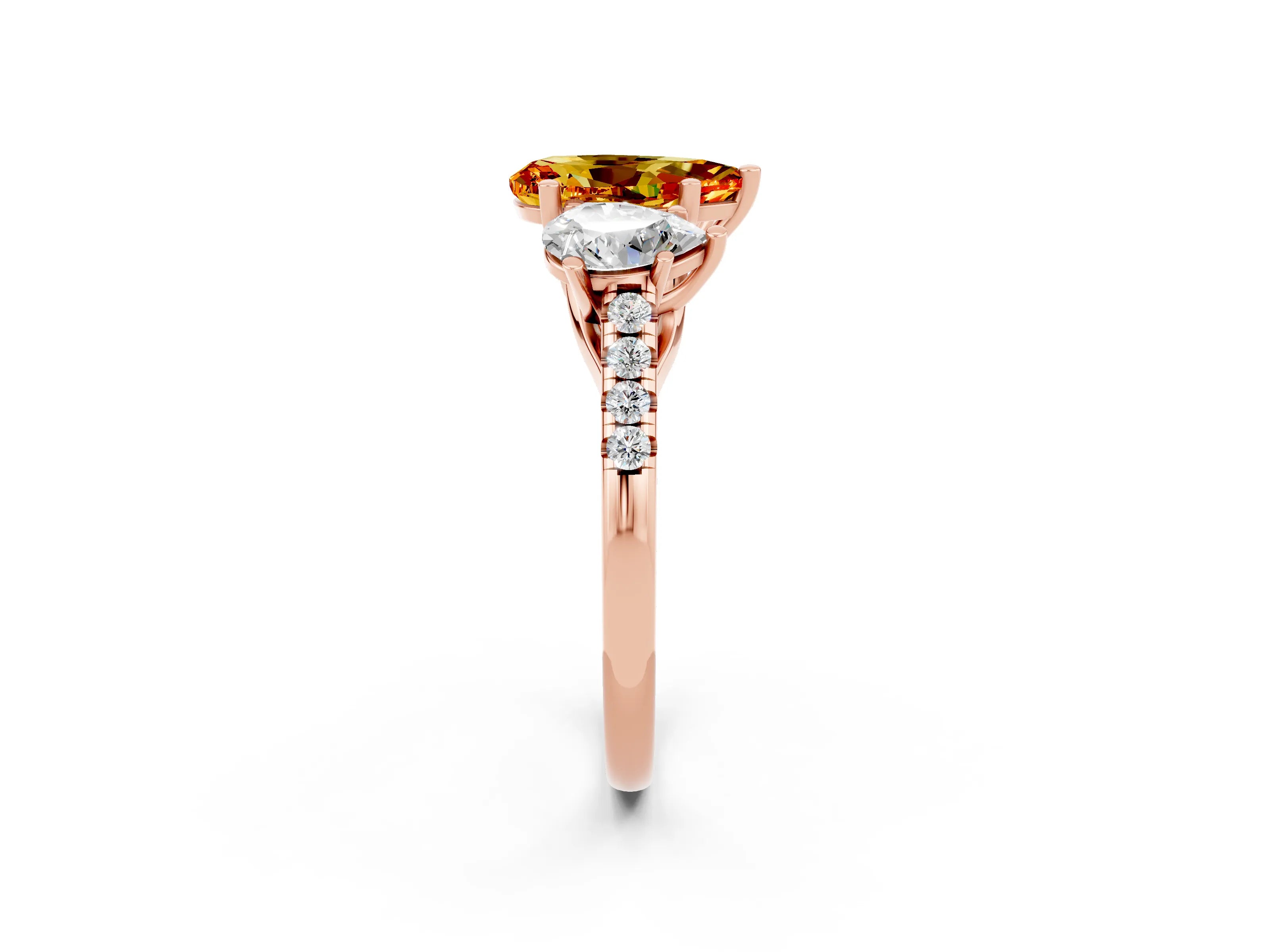 Rose gold Three-Stone Pear Cut Citrine Ring with Pavé Band and Prong Setting_14