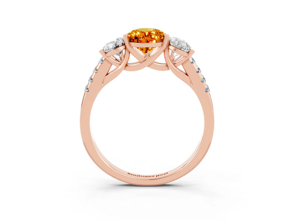 Rose gold Three-Stone Pear Cut Citrine Ring with Round  Pavé Band and Prong Setting